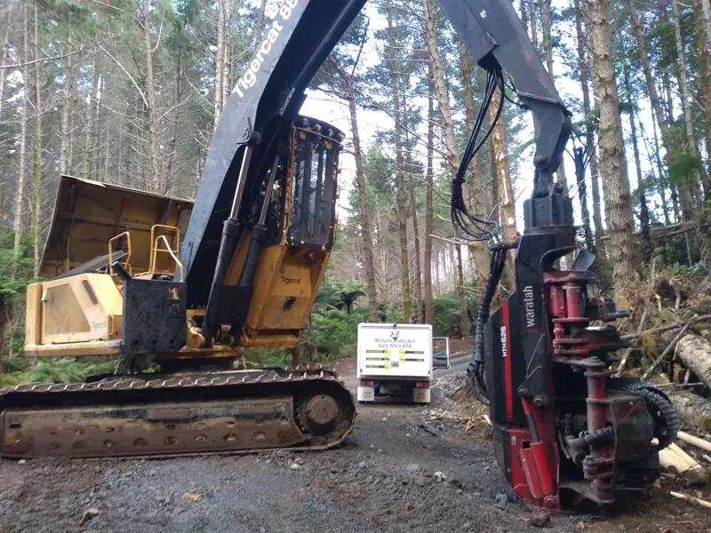 Forestry harvester air conditioning repair in a pine block